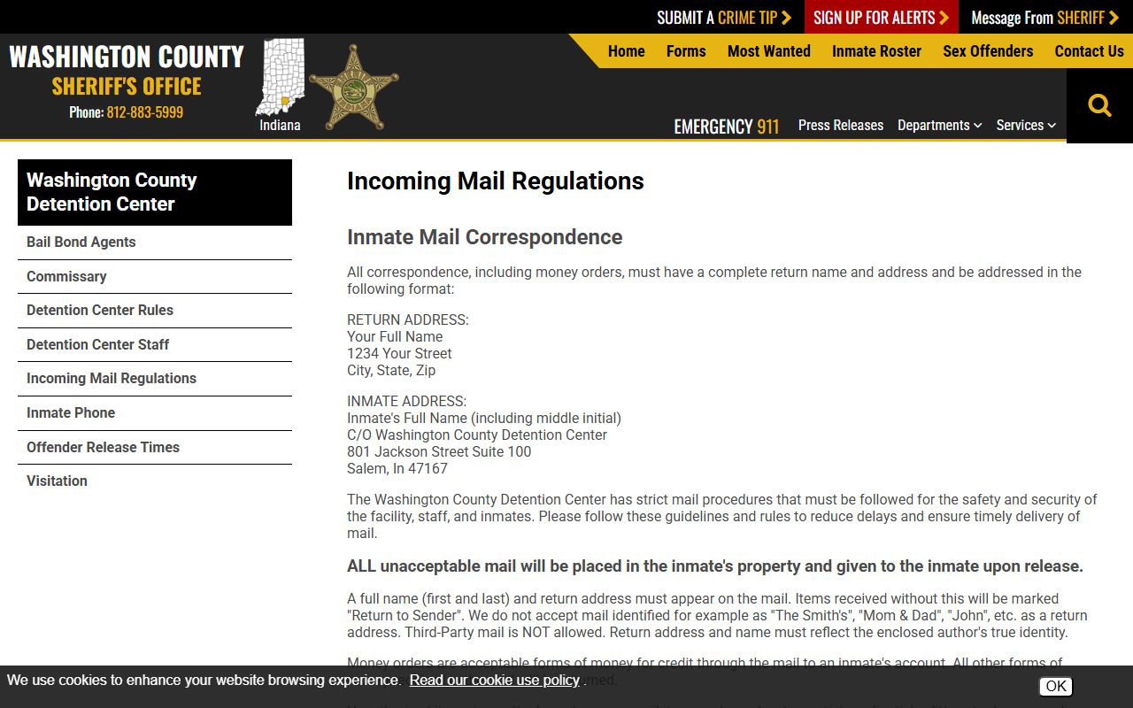 Washington County inmate records mail regulations