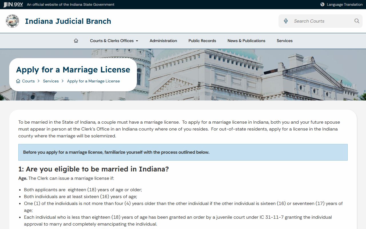 Washington County marriage records Indiana online application