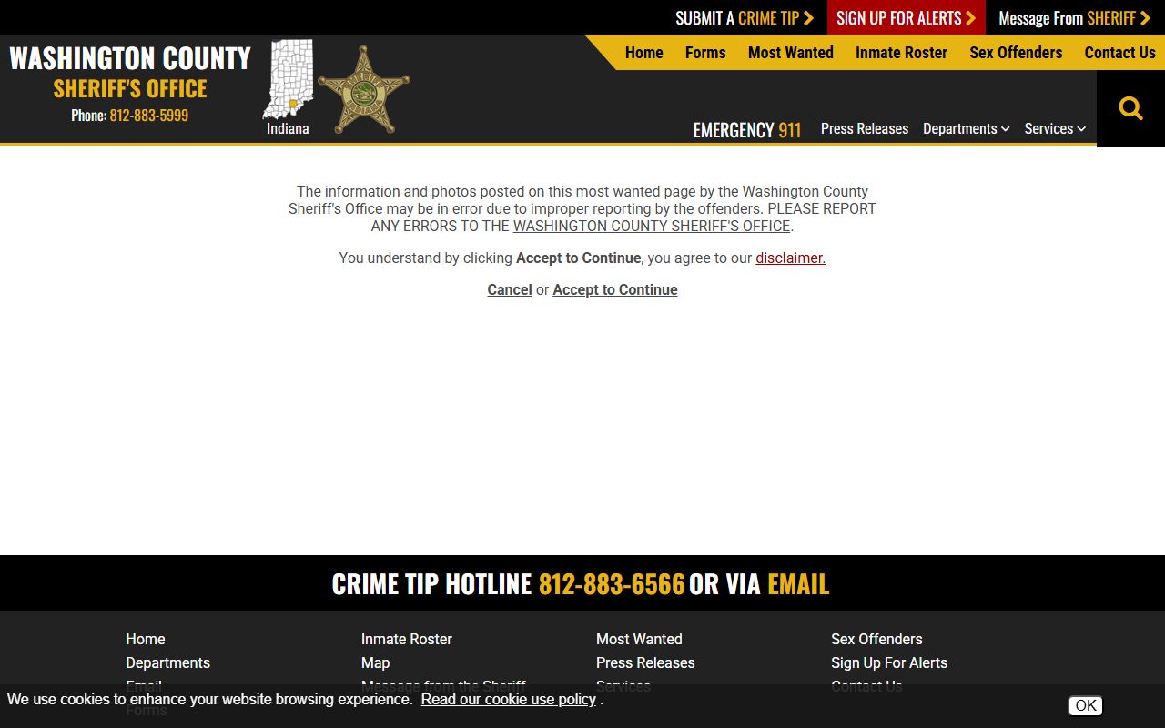 Washington County warrant records most wanted disclaimer